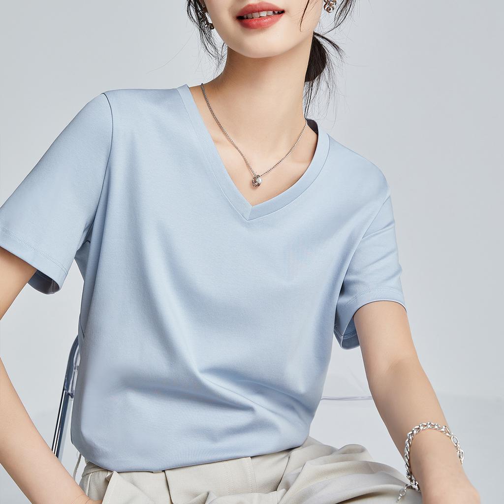 High-quality mercerized cotton women's short-sleeved new loose inner and outer wear round neck liquid ammonia bottoming shirt