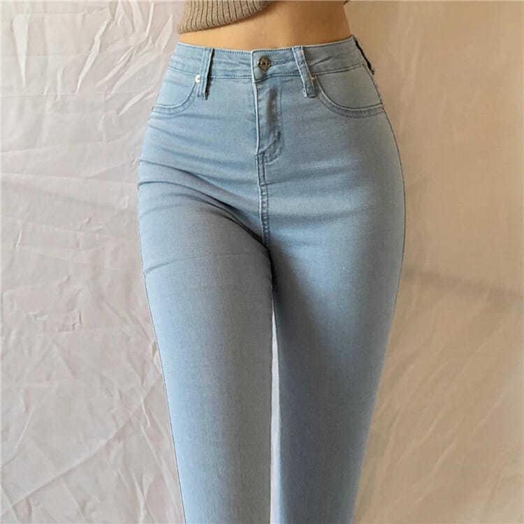 Plus Size High Waist Stretch Light Blue Denim Slim Fit Pencil Pants for Women