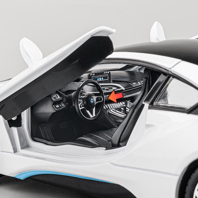 1/22 BMW I8 New Energy Car Alloy Sports Car Model Diecast Metal Racing Car Vehicles Model Simulation Sound Light Childrens Toys Gift