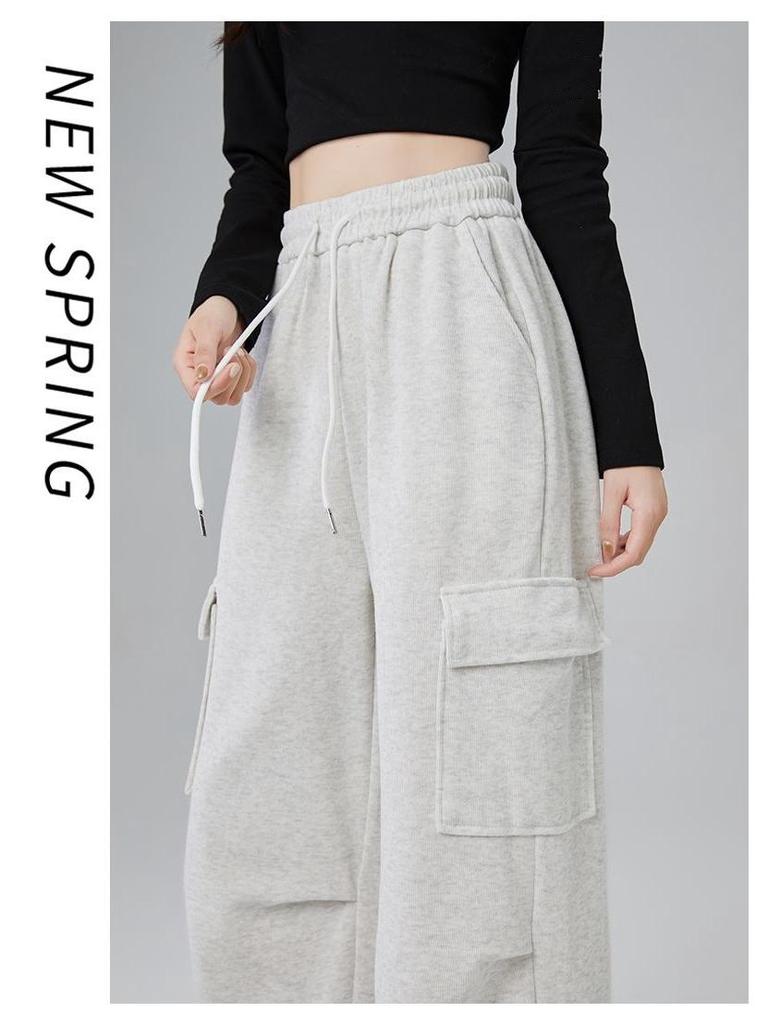 Women's Light Grey High-Waisted Strappy Overalls - Spring/Autumn Wide-Leg Pants with Large Pockets, Casual Sportswear