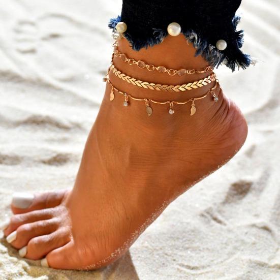 

3Pcs Women Leaf Arrow Rhinestone Charm Anklet Foot Chain Ankle Bracelet Jewelry