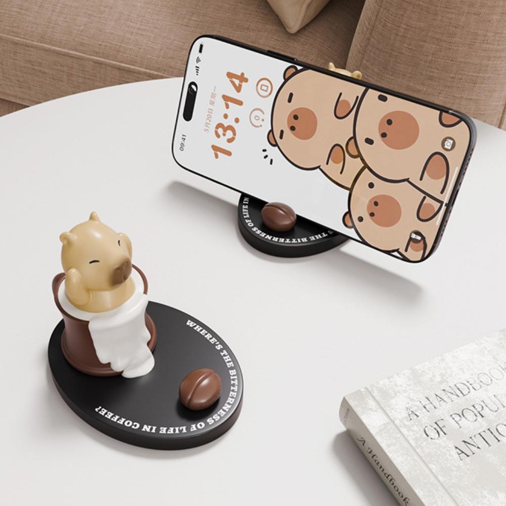Coffee Cup Capybara Doll Phone Holder Animal Figurines Ornament Capybara Mobile Phone Stand Desk Decor Resin Capybra Model
