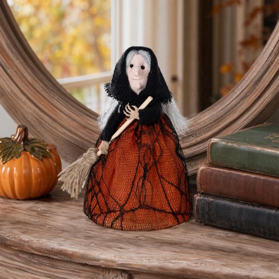Halloween Küchenhexe Puppe Kleine Hexenstatue mit Besen Tischdekoration für Tisch