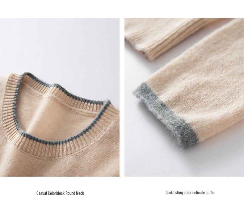 100% Pure Cashmere Color Block Round Neck Sweater with Five-Star Pattern - Simple and Versatile Design for Autumn/Winter