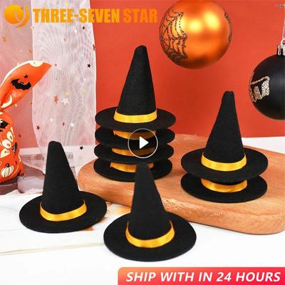 6ks Halloweenské Mini Plstěné Čarodějnické Klobouky Dekorace na Láhev Vína DIY Řemeslo Pro Halloweenskou Párty Domácí Bar Dekorační Potřeby Černý Klobouk Rekvizity