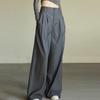 Gray High-Waisted Wide-Leg Suit Pants for Women: Drape Design, Hip-Covering, Slimming, Straight-Leg, Cinched Waist for Pear-Shaped Bodies.