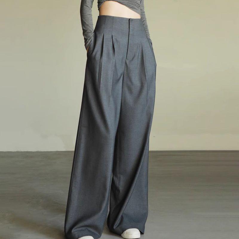 Gray High-Waisted Wide-Leg Suit Pants for Women: Drape Design, Hip-Covering, Slimming, Straight-Leg, Cinched Waist for Pear-Shaped Bodies.