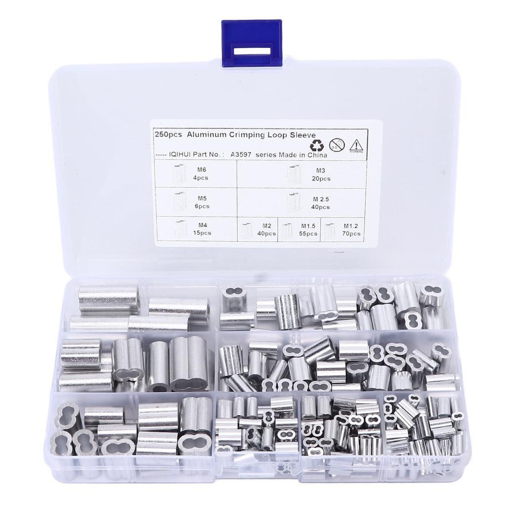 250Pcs/Set Aluminum Cable Ferrule 8 Aperture Double Barrel Wire Rope Crimping Loop Sleeve Kit for RV