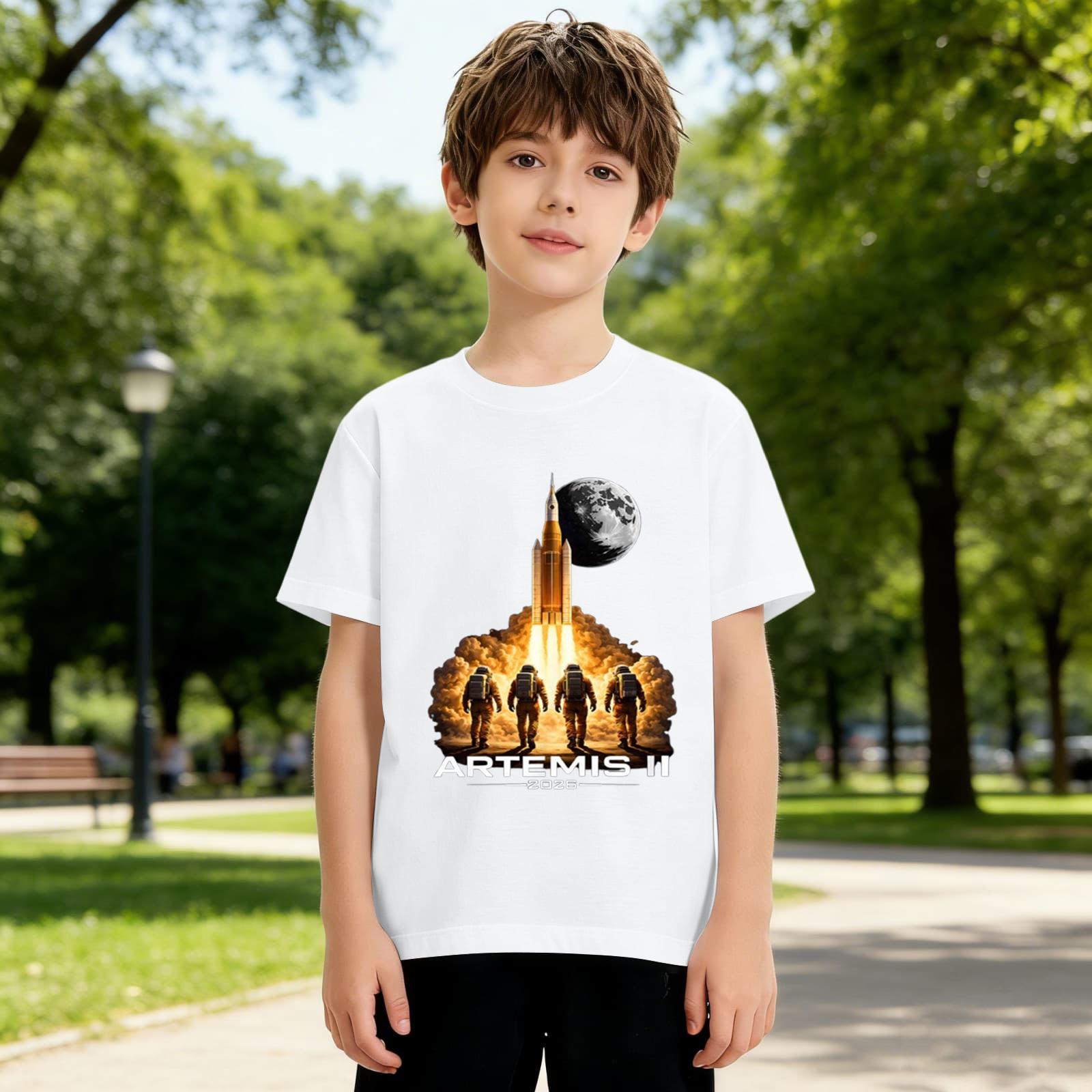 

Kids Crew Neck Short Sleeve Casual Loose Fit T-Shirt Space Exploration Graphic Print Comfortable Cotton Top for Boys and Girls 120 білий