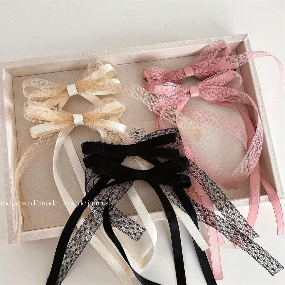 Korean Style Sweet Double-Layer Lace Hair Bow Clip with Long Flowing Ribbon