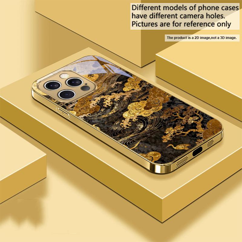 Golden surging waves For IPhone 17Pro Max 16 17 Pro 15 Pro 14 13 Plus 12 Mini 11Pro Max XR 16E 17 Air Golden glass phone case