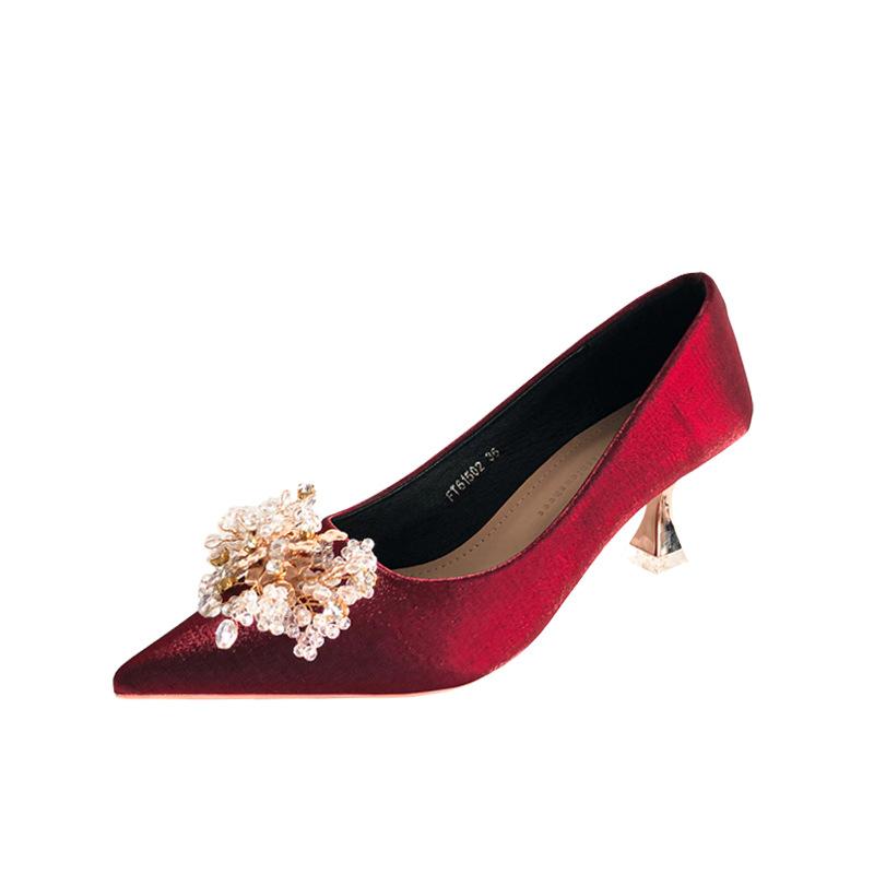 -A Red Wedding Shoes Bridal Shoes Hexiu Wedding Dress Two Wear New Autumn and Summer Crystal Satin