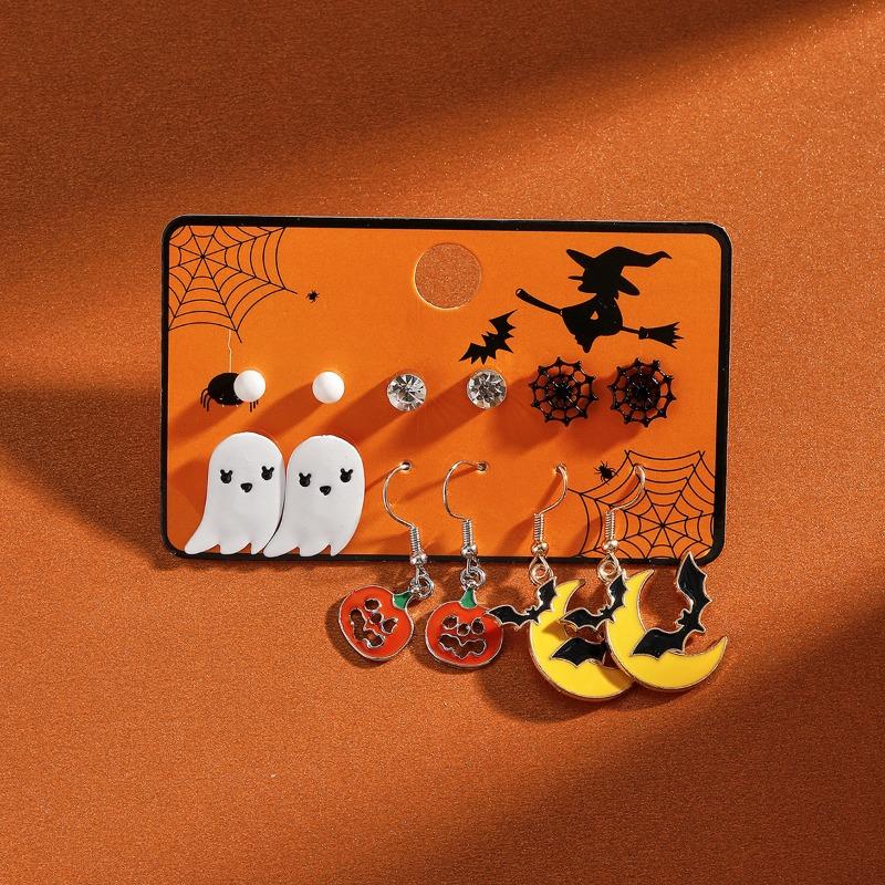Hot Sale Halloween Stud Earrings Combination Cartoon Funny Pumpkin Head Ghost Bat Element Stud Earrings Set