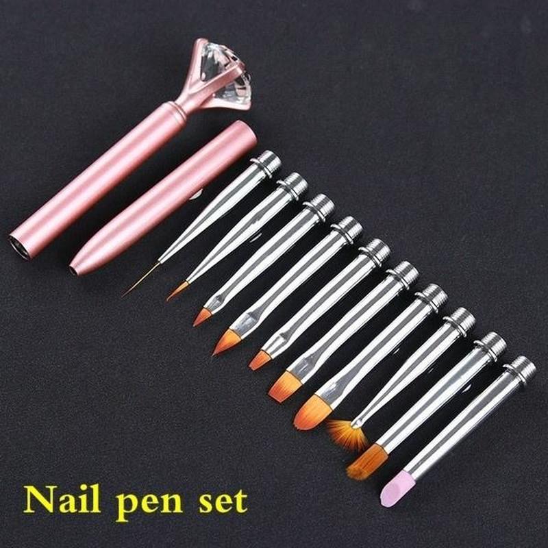 10 In 1 Replaceable Painting Nail Brush Set Rhinestone Drawing Line Color Crystal Phototherapy for Design Soft Slender Nail Pen
