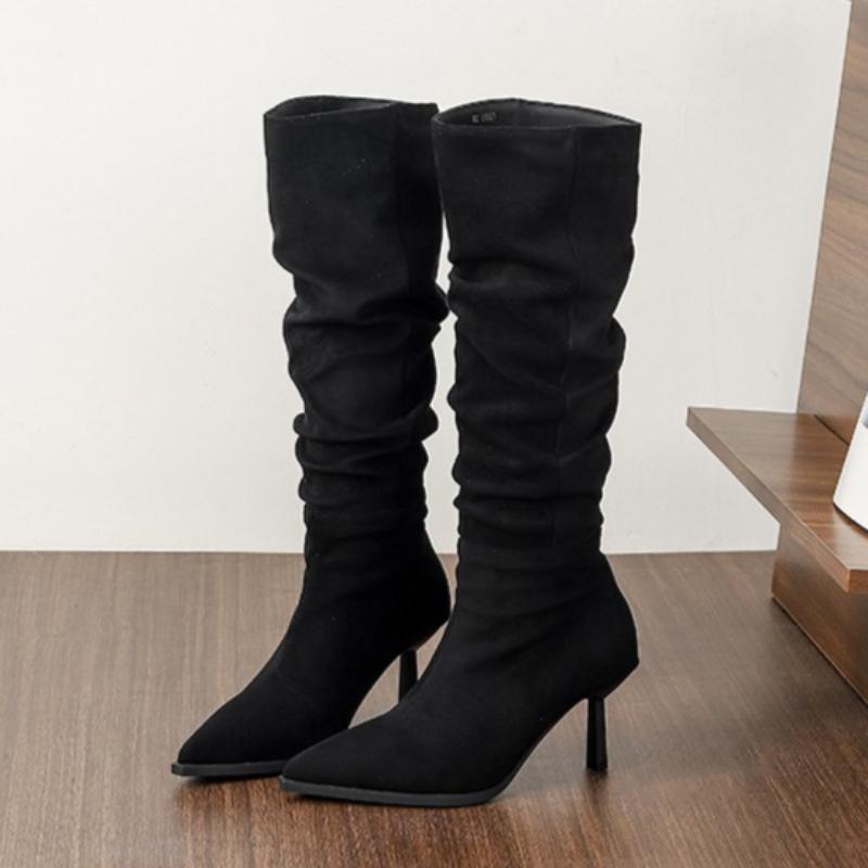 Retro Brown Faux Suede Knee Boots Women Fashion Pointed Toe Pleated Thin Heel Designer Boots Comfortable Women Shoes Botas Mujer