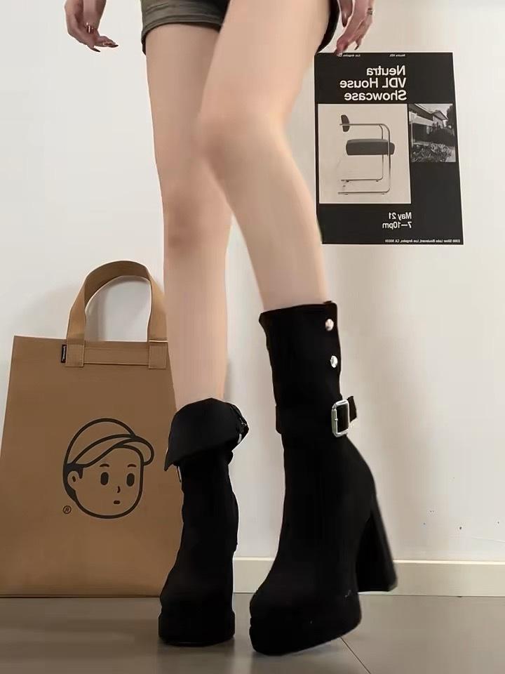 

11Cm with waterproof table short boots women s round head thick heel thick sole apricot elastic thin medium tube single boots black 40 чёрный