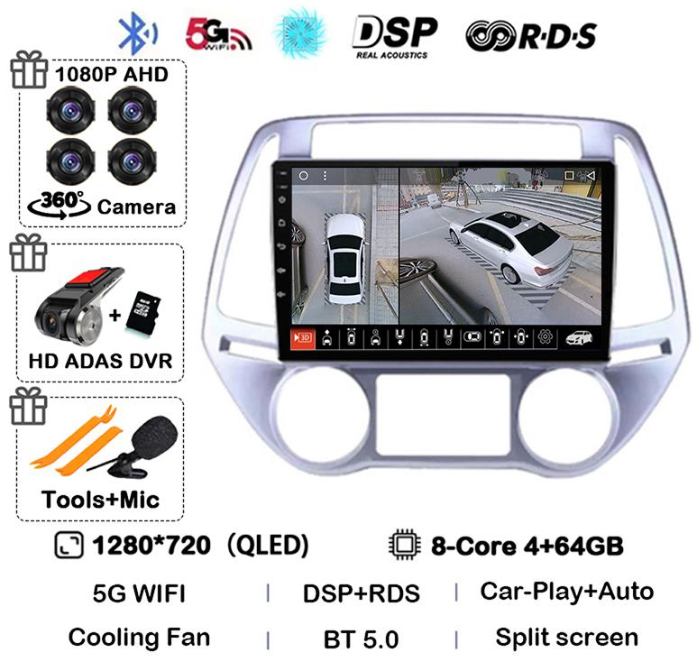 Android 14 Carplay Auto WIFI+4G Car Radio For Hyundai I20 2008 - 2014 Stereo GPS Multimedia Video Player 2 Din DVD 360 Camera BT