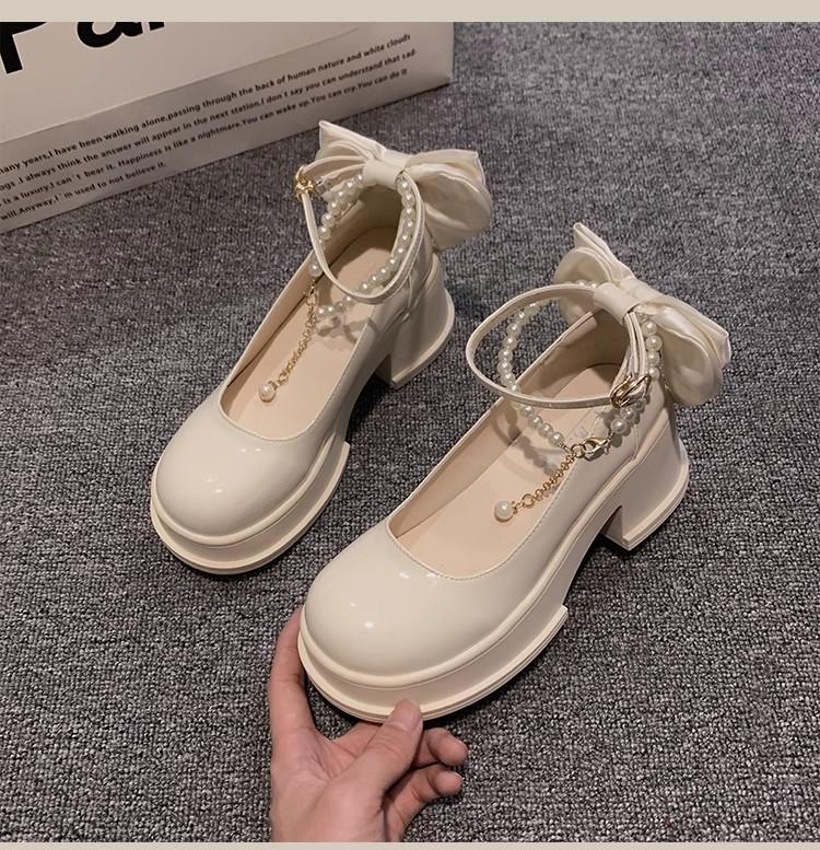 High-heeled Single Shoes Women's New Fashion Thick-heeled Bow Women's Shoes Pearl Casual Mary Jane Shoes