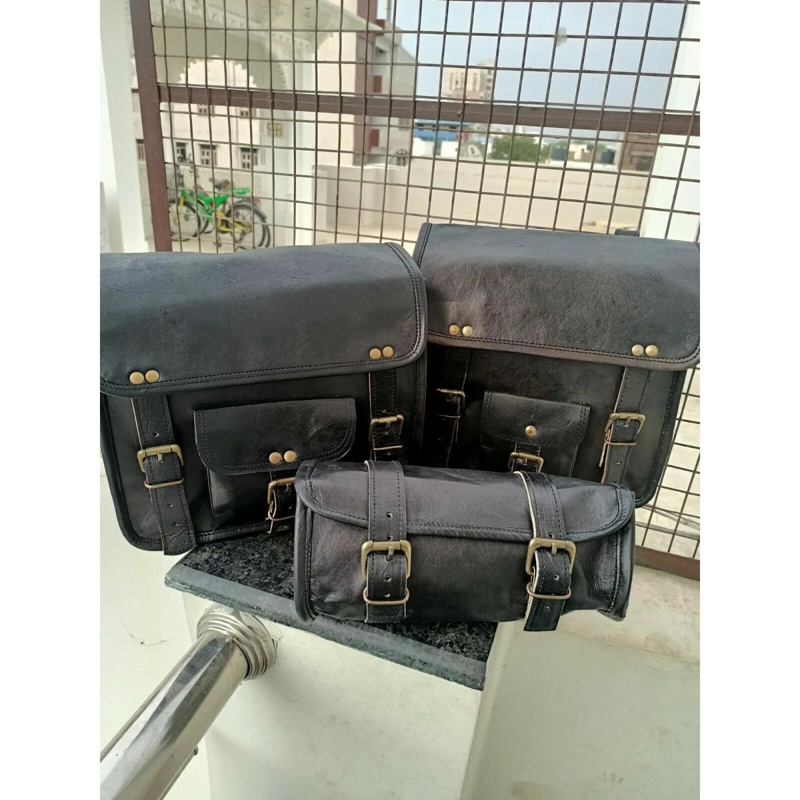 

3 мотоциклетных седельных сумки из натуральной черной кожи, комбинированная сумка для инструментов, боковые сумки для хранения