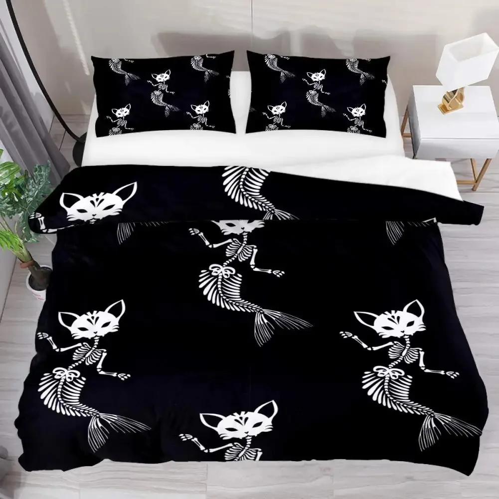 Katzenknochen-Bettwäscheset Full QueenHalloween Gothic Totenkopf Bettwäscheset SchwarzWeiß Galaxie Bettdeckenbezug Steppdeckenbezug
