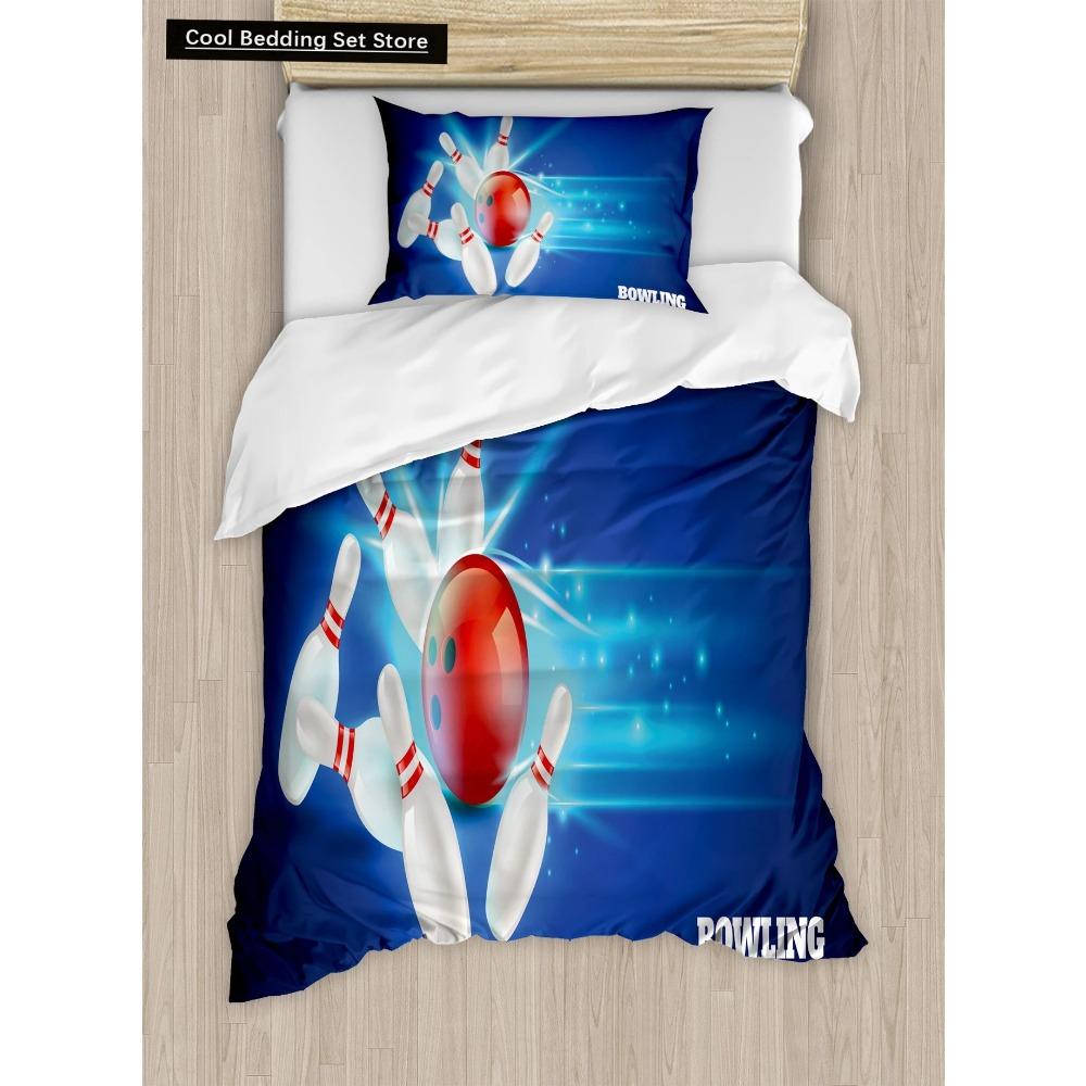 Bowling King Queen Double Duvet Cover Teens Sports Games Theme Bedding Set Starry Sky Comforter Cover Blue Polyester Quilt Cover