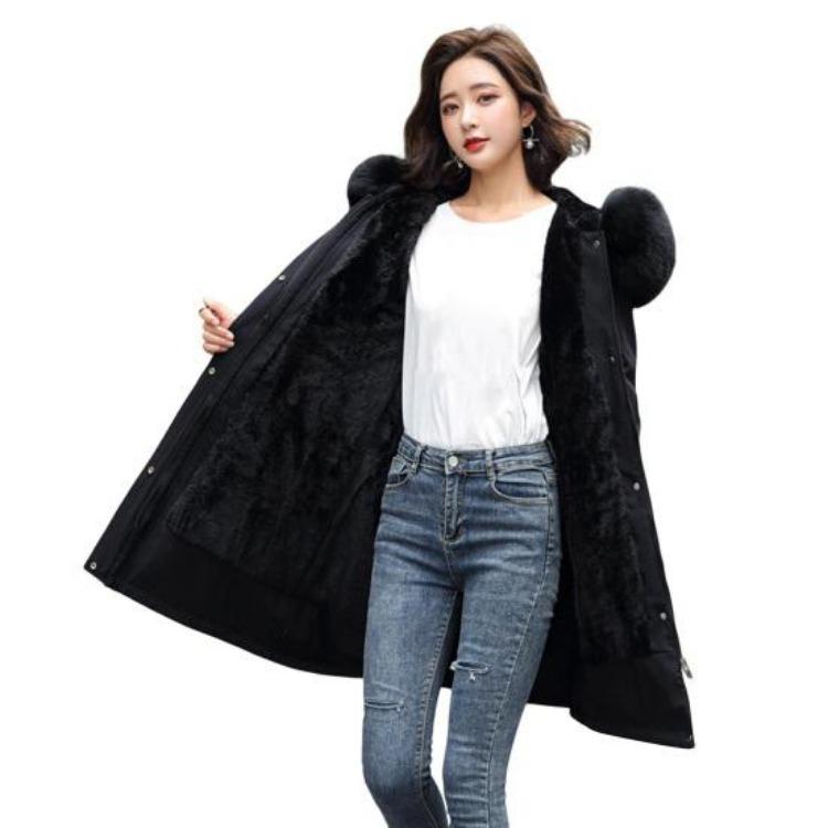 

Winter Plus Size Jacket Women Long Sleeve Knee Length Thick Plush Furry Hood Pockets Zipper Button Closure XXXXXL чорний