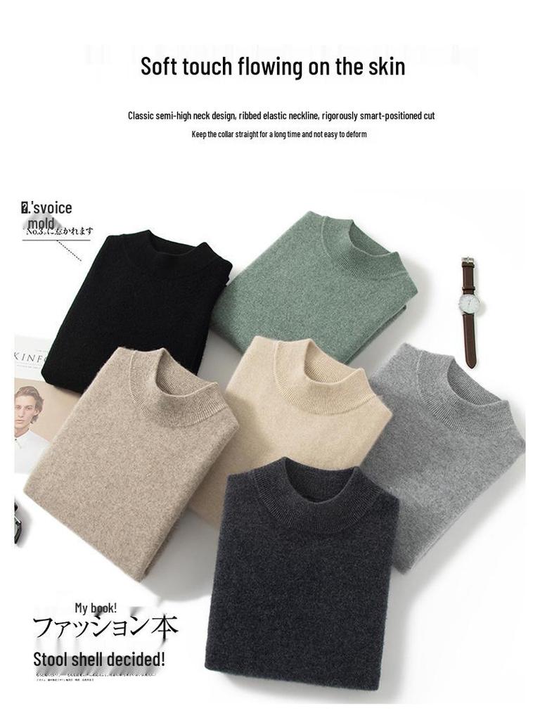 Men's Autumn Winter Wool Cashmere Pullover Sweater, Half High Neck, Solid Color, Plus Size