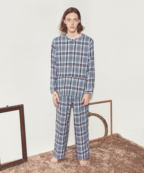 

[Atempo] Уютный пижамный комплект с воротником-хенли_Синяя клетка [Отправка из Кореи] 100% Оригинал S