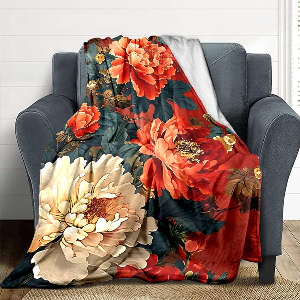 1PC Peony Print Blanket - Soft Warm All-Season Throw for Sofa, Bed, Car, Office, Throw For Sofa yy250916108