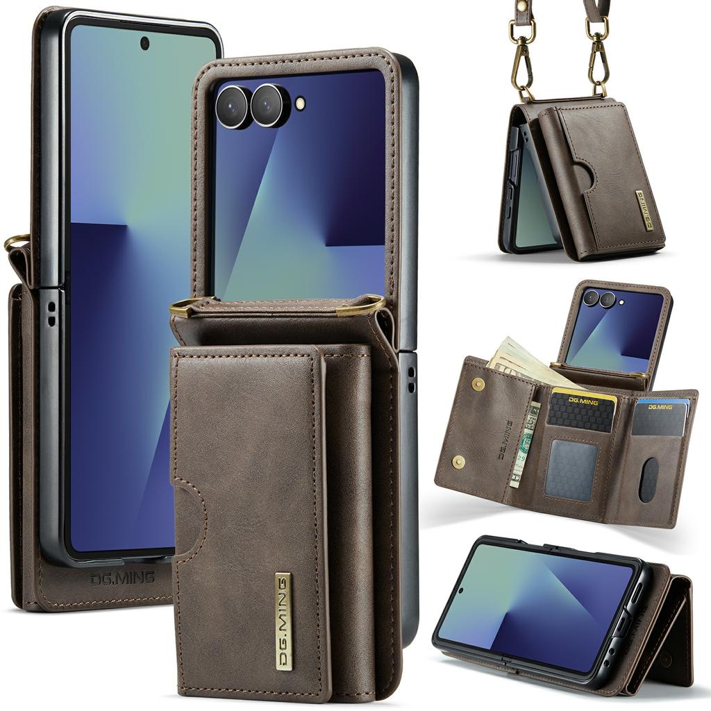 DG.MING M6 Series For Samsung Galaxy Z Flip7 5G Foldable Case PU+PC Phone Cover with Wallet/Shoulder Strap