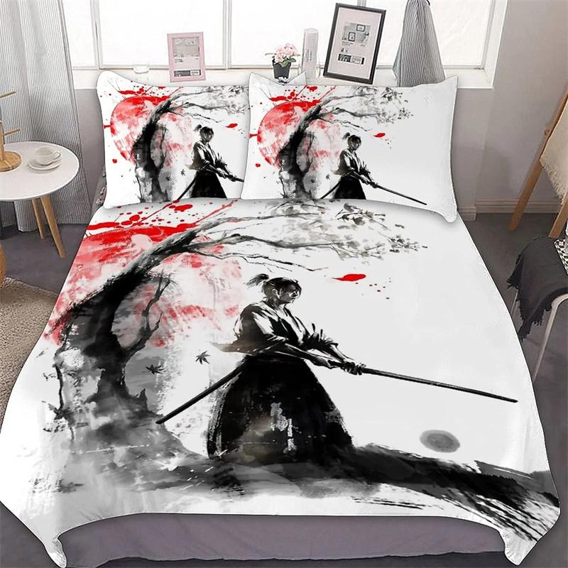Samurai Bedding Sunset Povlak na přikrývku Japonská samurajská krajina Silueta Ložní prádlo Dekorace ložnice v japonském stylu pro muže Dárky