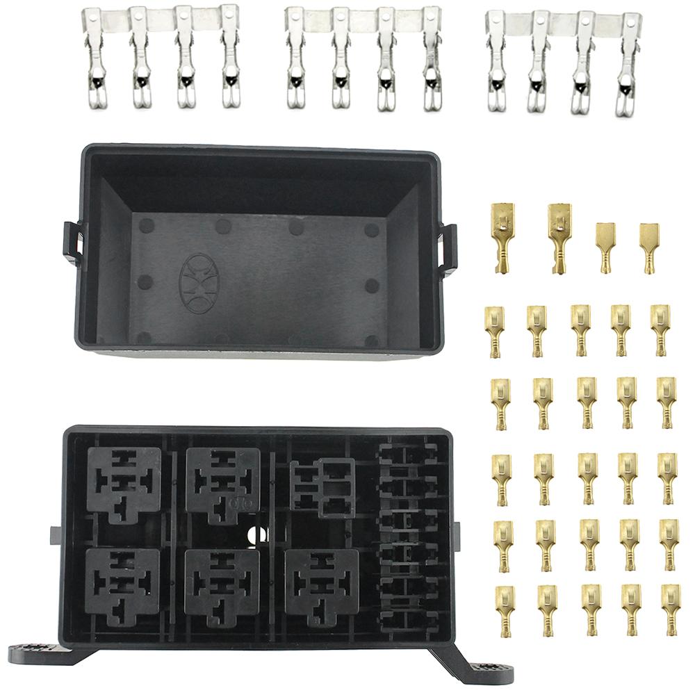 12-Slot Relay Box 6 Relays 6 ATC/ATO Standard Fuses Holder Block with 41pcs Metallic Pins Universal