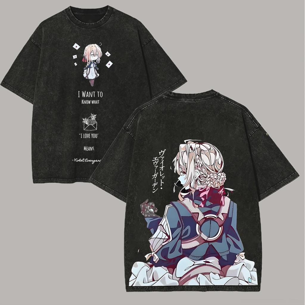 Fialová Evergardenová „Miluji tě“ Vintage Praná Anime Tričko, Unisex Kyoto Animation Fan Streetwear Tričko, 100% Bavlna Ležérní Krátký Rukáv