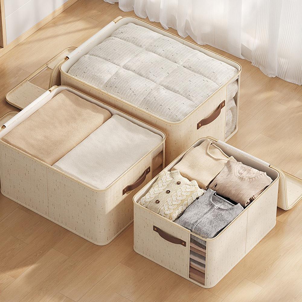 45×35×25cm Extra Large Cotton Linen Storage Box Dual-Window Zippered Organizer with Handles Quilt Storage Box for Home