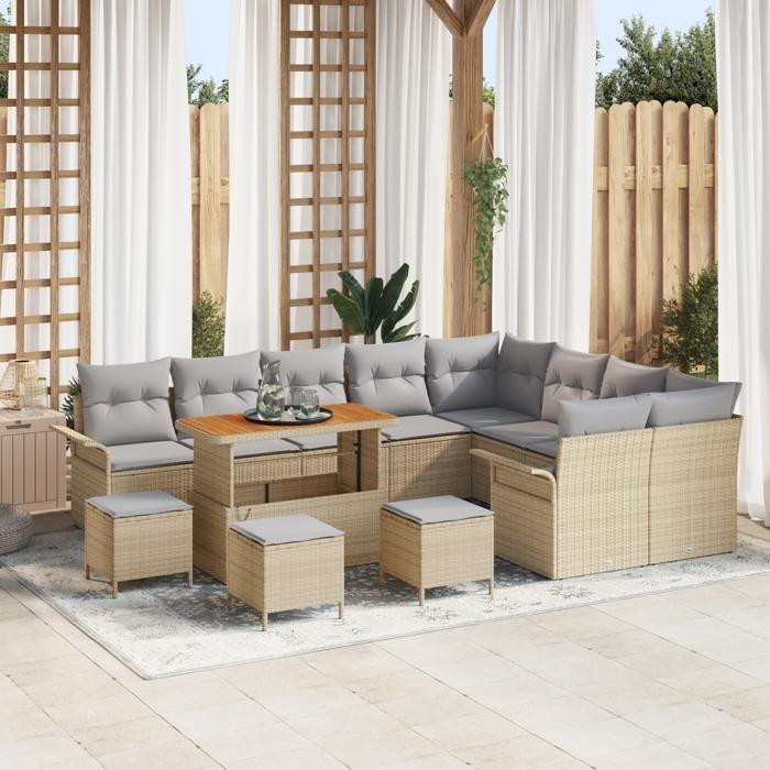 Set de canapé de jardin de 13 pièces avec coussins beige rattan poly acacia, Canapé de jardin 2 places avec rangement 3364132