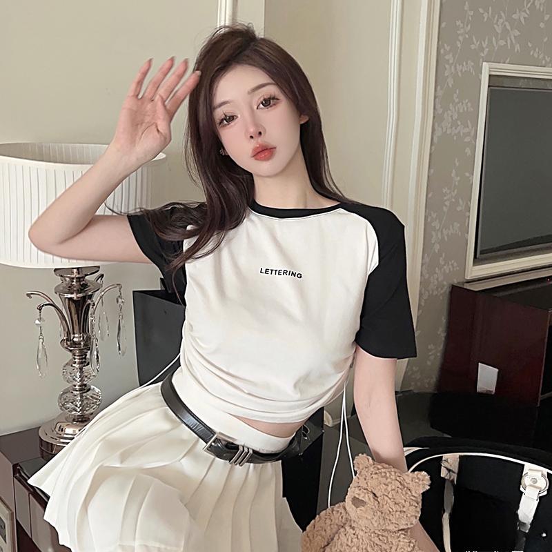 Summer Color Stitching Letter Printed T Shirt for Women Clothes Harajuku casual slim drawstring T-shirt Y2k short Top Streetwear