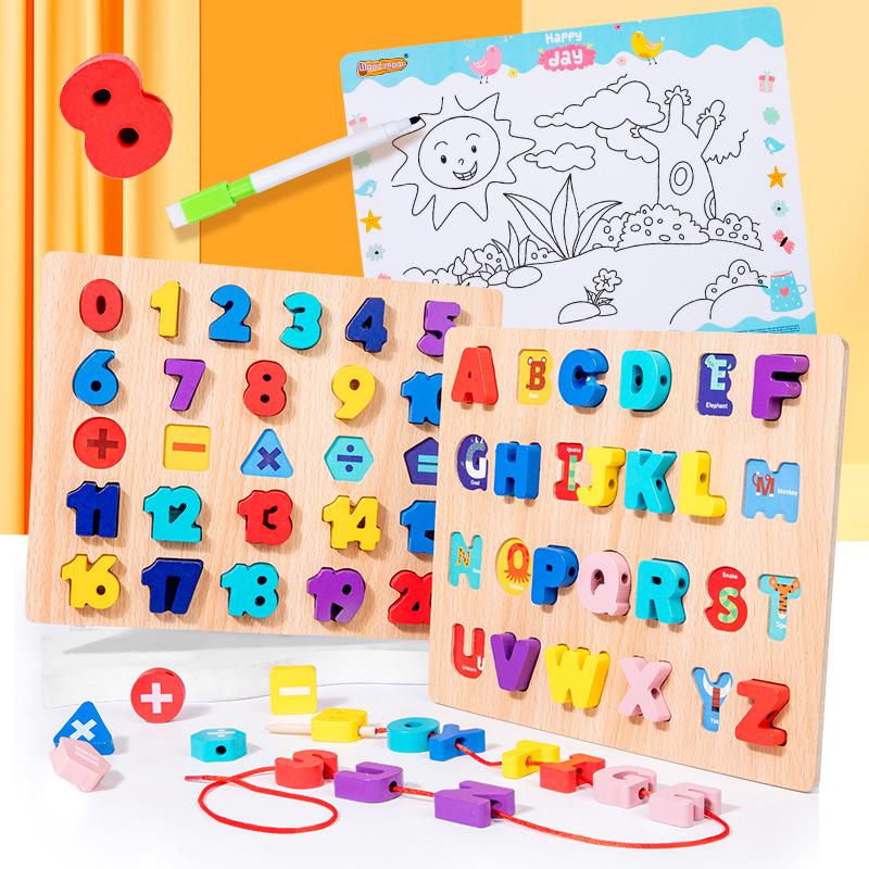 Wooden Educational Building Blocks: Numbers & Letters Cognitive Puzzles for Kids