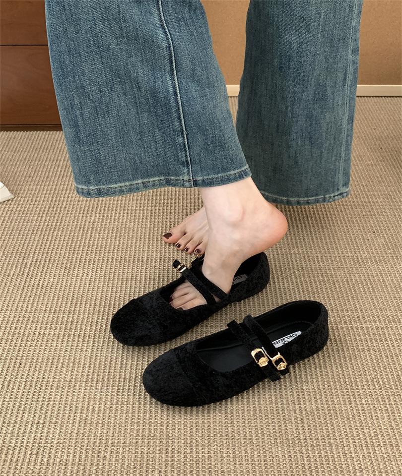 French Retro Velvet Double Buckle Mary Jane Flat Single Shoes Women's 2025 New Niche Versatile Ballet Shoes Grandma Shoes