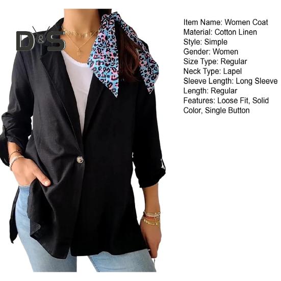Women Suit Coat Lapel Long Sleeve Single Button Loose Fit Coat Solid Color Thin Work Office Suit Jacket Workwear