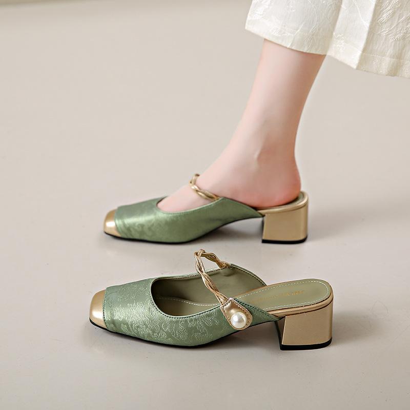 Fashion Baotou High Heel Slippers for Women 2025 Summer Wearing Chinese Style New Chinese Pearl Coarse Heels with Skirts and Slippers