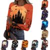 Women Casual Long Sleeve Ribbed Top Halloween Ghost Print Crew Neck Stretchy Slim Fit Shirt