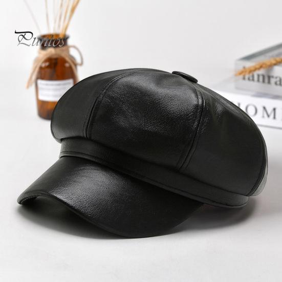 Women Beret Hat Spring Summer Retro Solid Color Faux Leather Short Brim Decorative Sun Protection Anti-UV Breathable Lady Painter Unisex Octagonal Cap