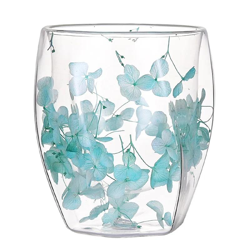 1pc 350ml Double Wall Glass Cup Artificial Flower Decorated Coffee Cup Milk Mug Heat Resistant Tea Cups Glass Mug Kitchenware