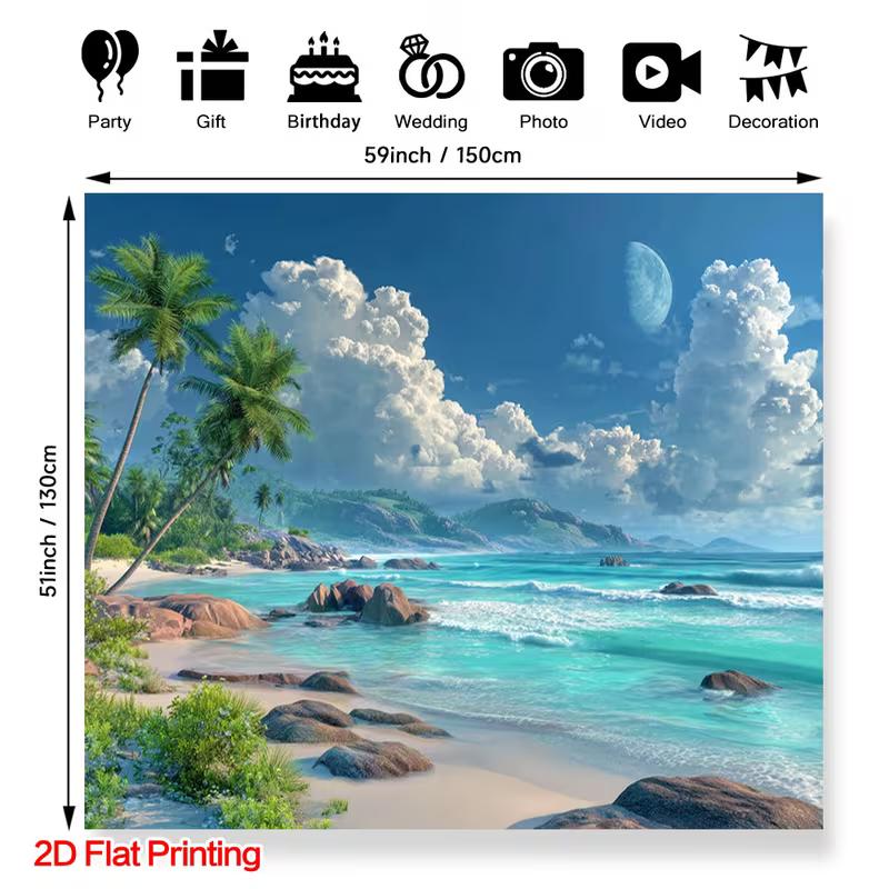 2D Exotic Island Beach Backdrop for Tropical & Vacation Themed Celebrations