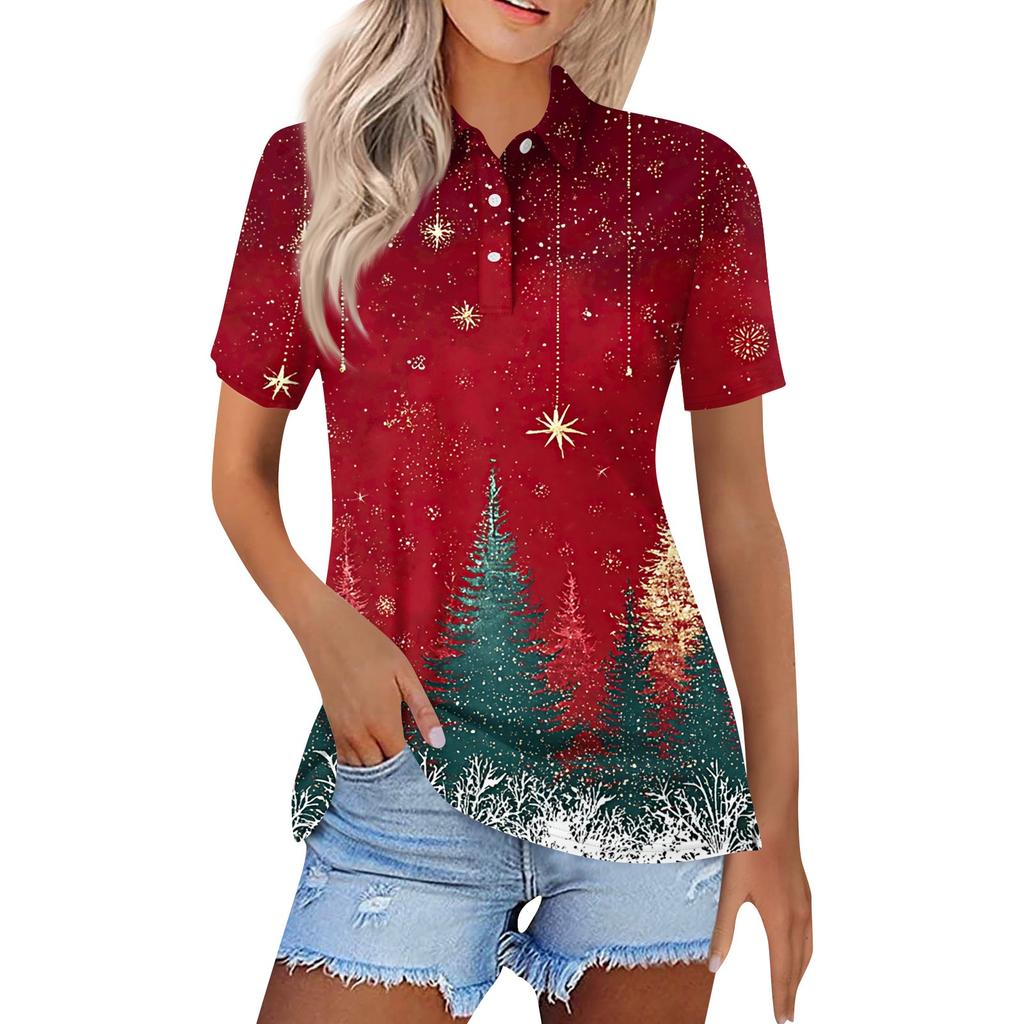 Dámská móda Ležérní klopa Krátký rukáv Vánoční potisk Košile Dámské knoflíkové topy
