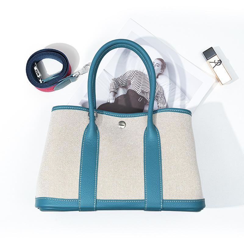 Niche high-end women's leather handbag, first-layer cowhide large-capacity canvas contrasting color garden tote bag