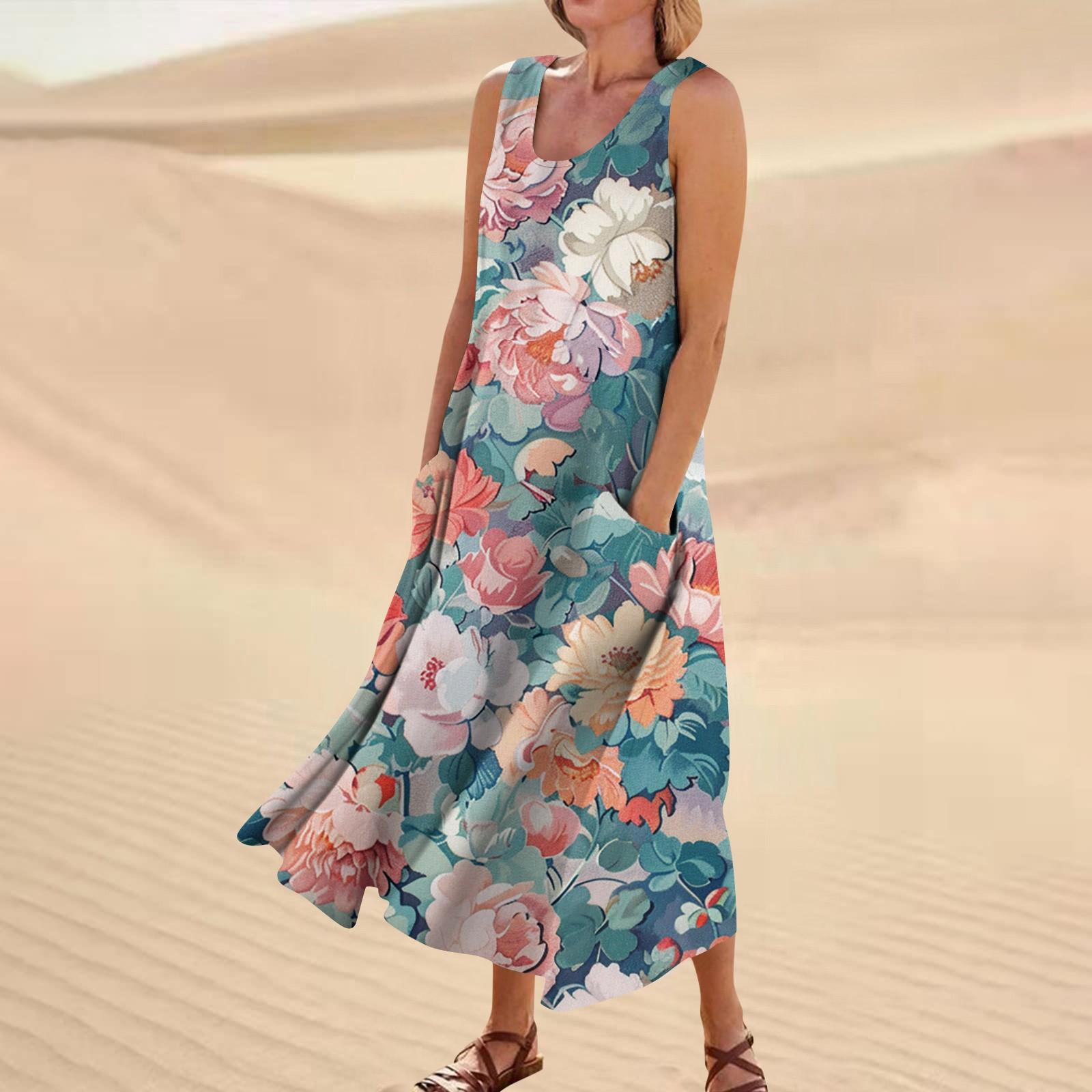 

Платье без рукавов для женщин. Женское летнее повседневное модное платье без рукавов с круглым вырезом и карманом с принтом. M