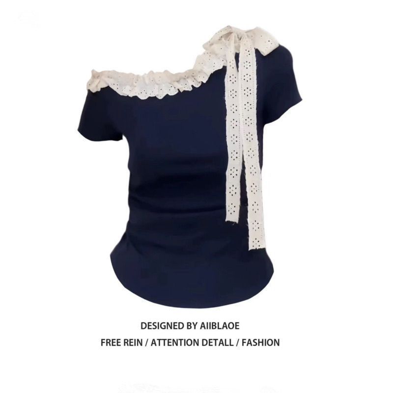 Korean fungus edge strap slanted shoulder short-sleeved T-shirt women's summer design sense slim and thin off-the-shoulder sweet hottie top