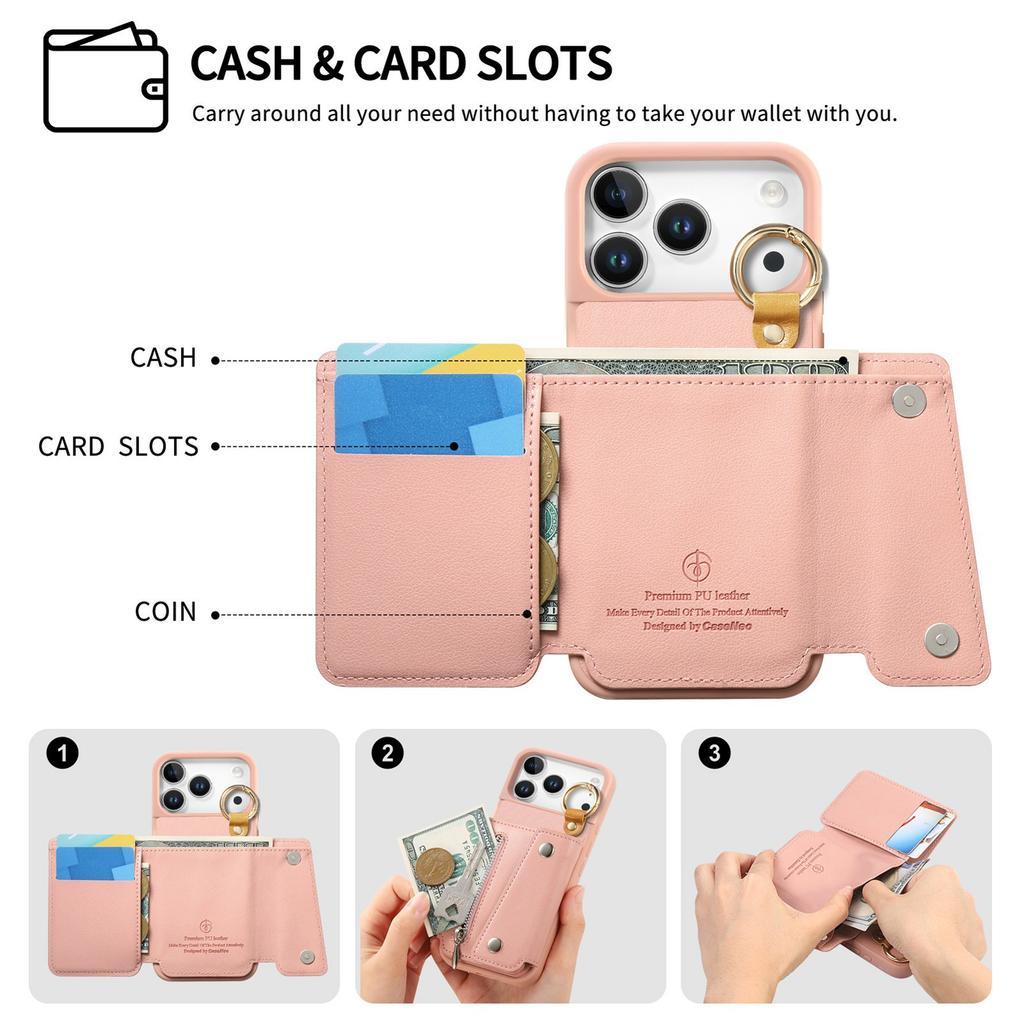 For iPhone 17 Pro Case D-Ring Holder Leather + PC + TPU Phone Cover with Wallet Kickstand