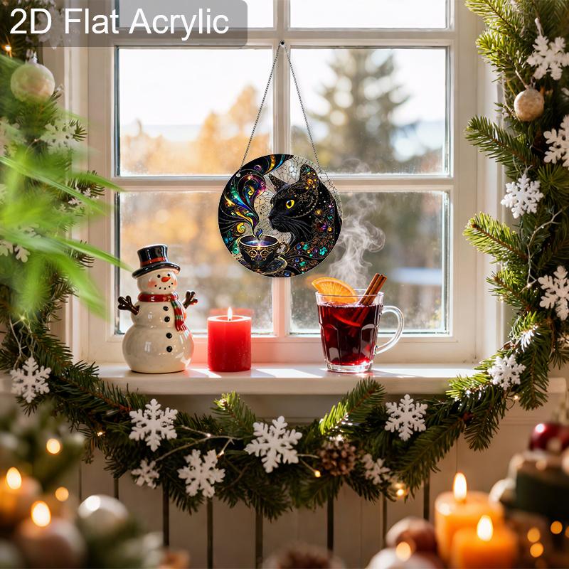 Acrylic Cosmic Black Cat with Magical Teacup Suncatcher, Stained Glass Effect Window Hanging Ornament for Mystical Cat Lover Gifts